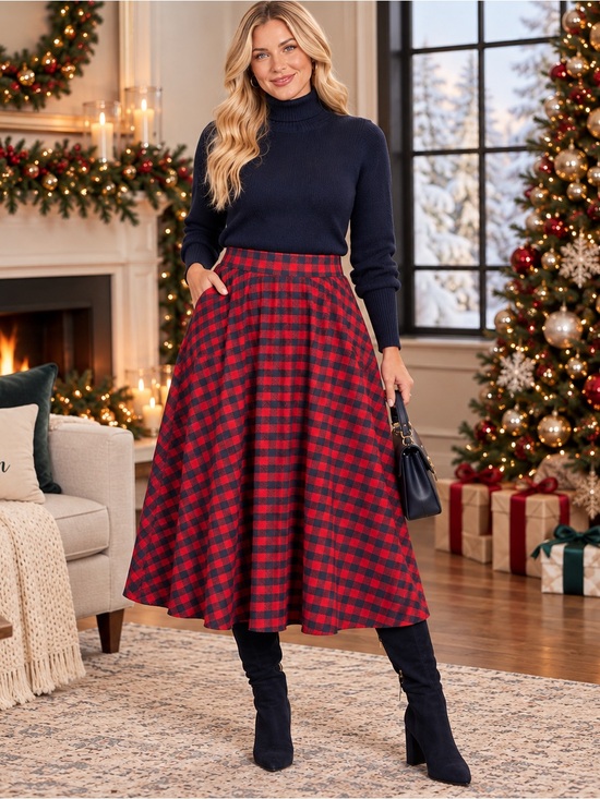 Tulip B Dresses & Skirts - Tulip B Red Navy Buffalo Plaid Flannel Midi Skirt XL Pockets Holiday